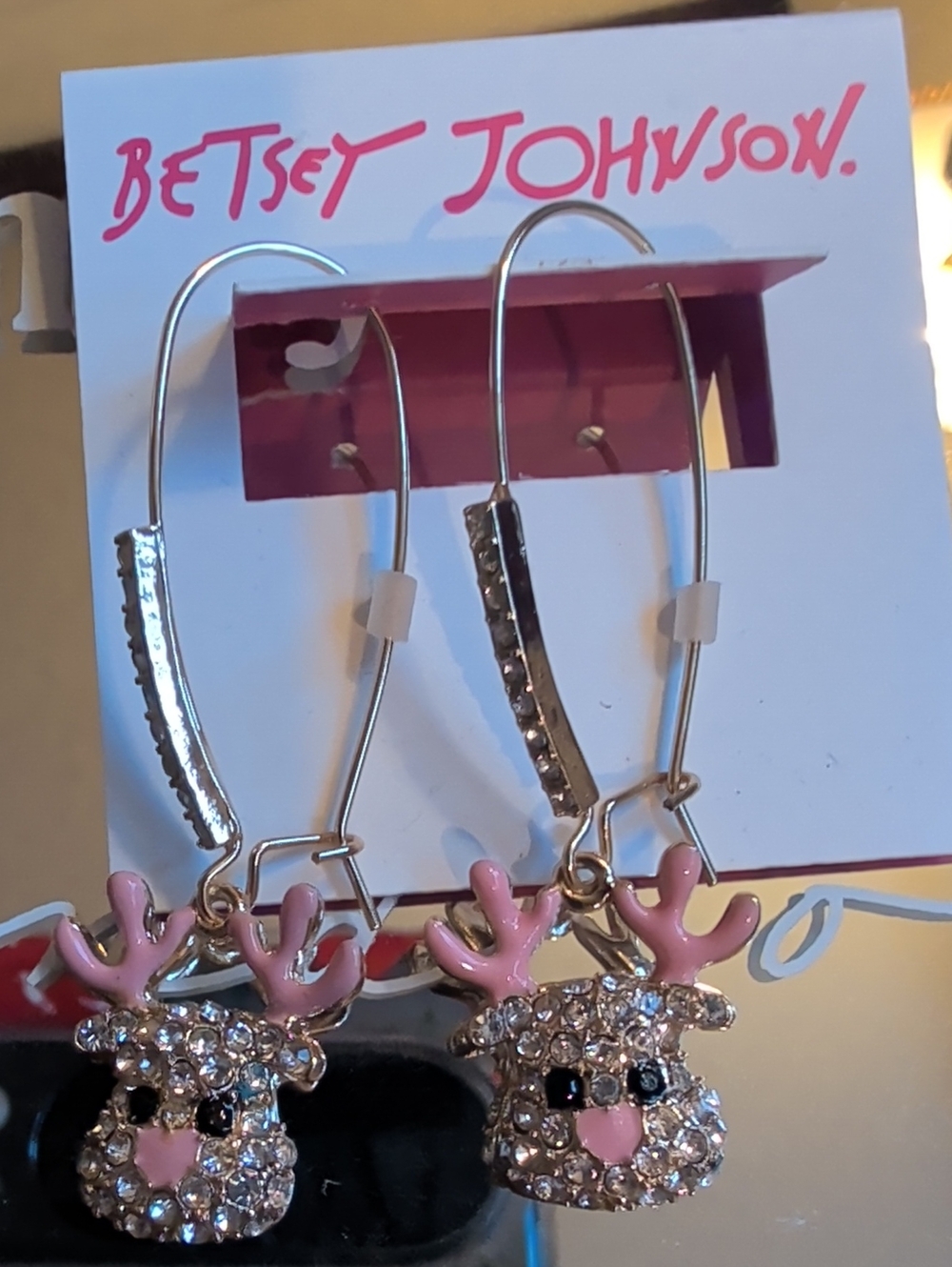 Betsey Johnson Pink Crystal Reindeer Hoop Earrings for Kids